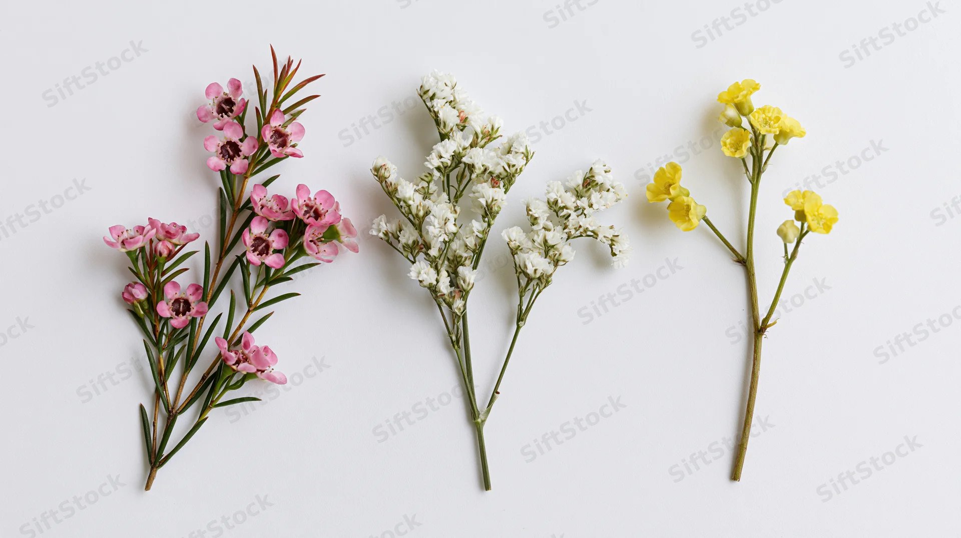 Three cut flower stems in pink, white and yellow arranged side by side on a white surface