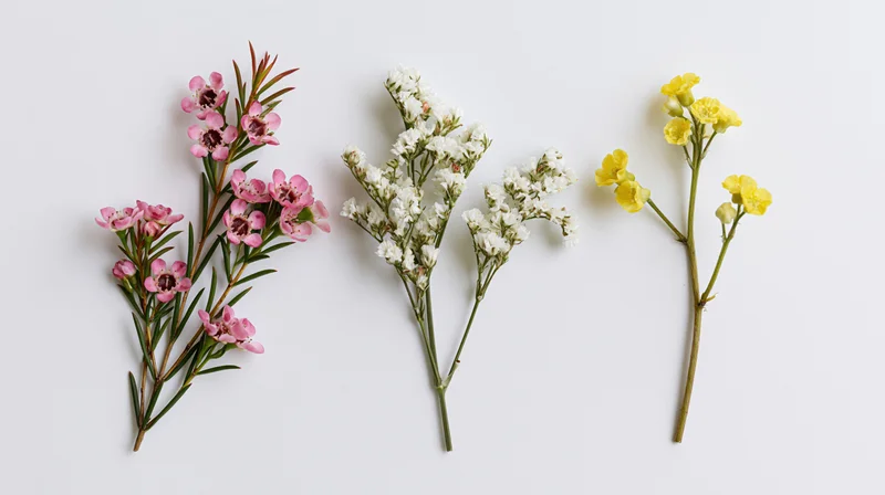Three cut flower stems in pink, white and yellow arranged side by side on a white surface