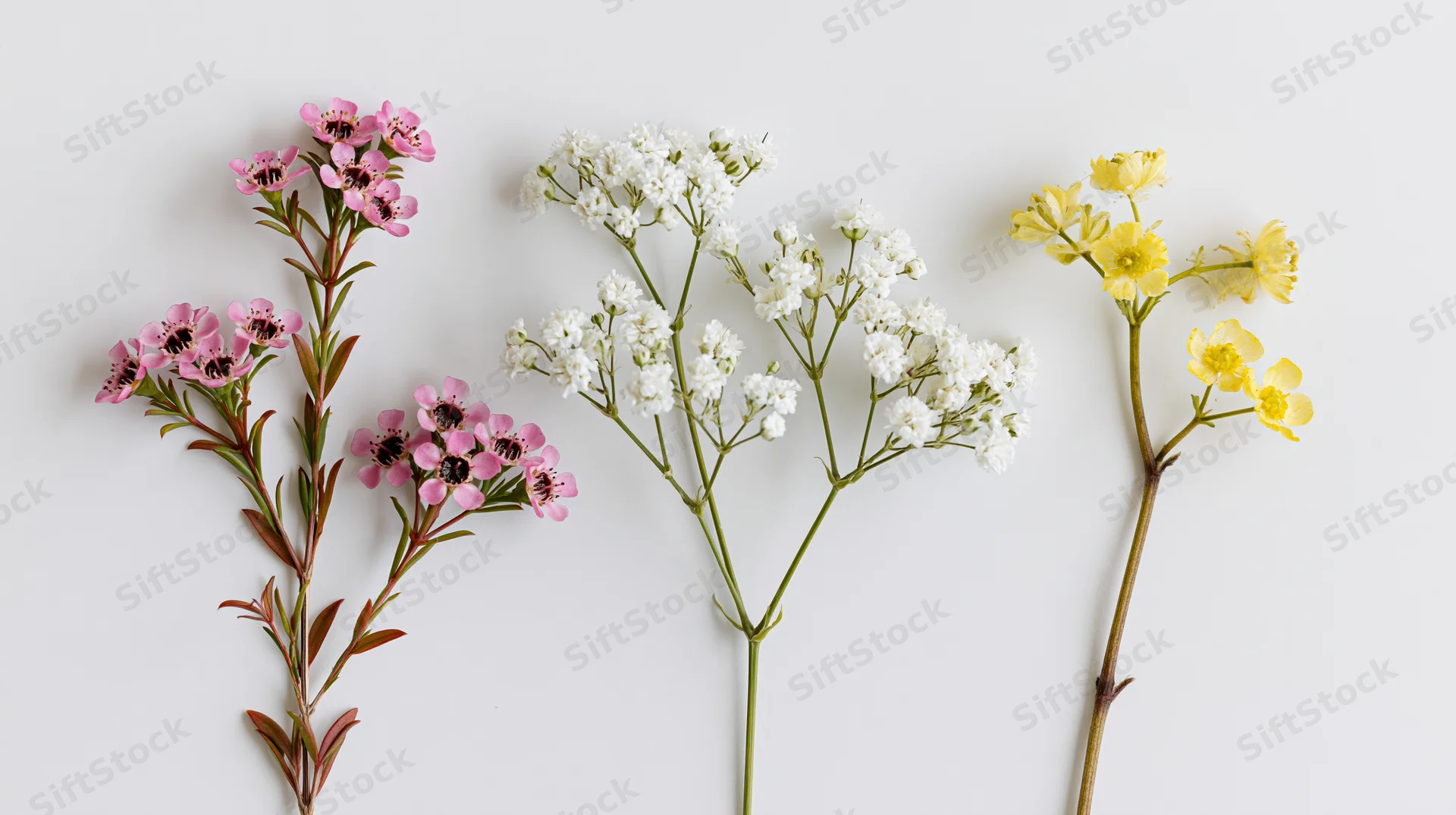 Three cut flower stems with pink, white and yellow blossoms arranged side by side on a white surface