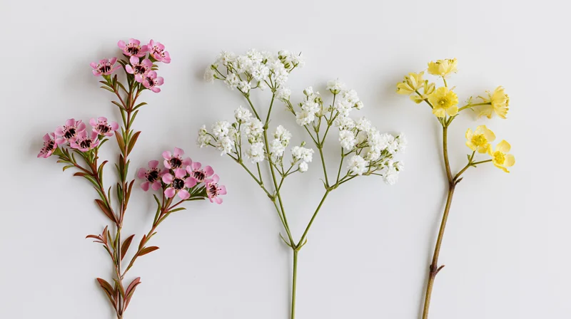 Three cut flower stems with pink, white and yellow blossoms arranged side by side on a white surface