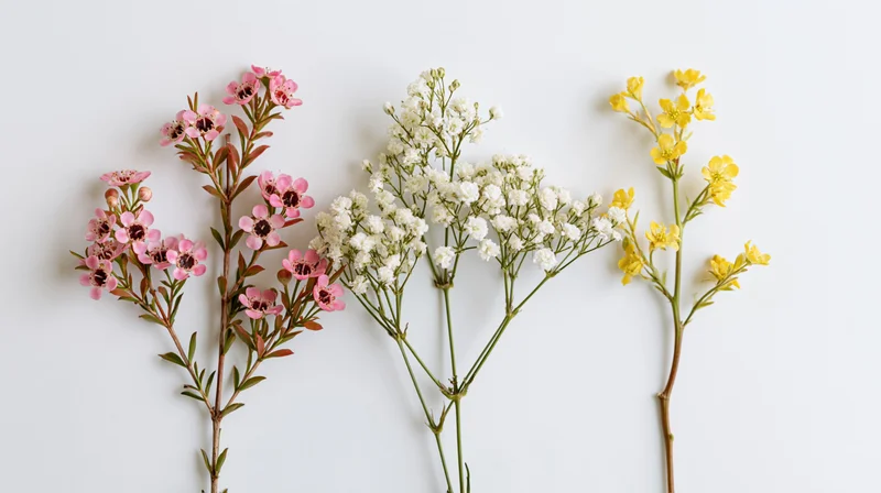 Three cut flower stems with pink, white and yellow blossoms arranged side by side on a white surface
