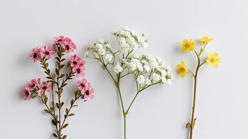 Three cut flower stems with pink, white and yellow blossoms arranged side by side on a white surface