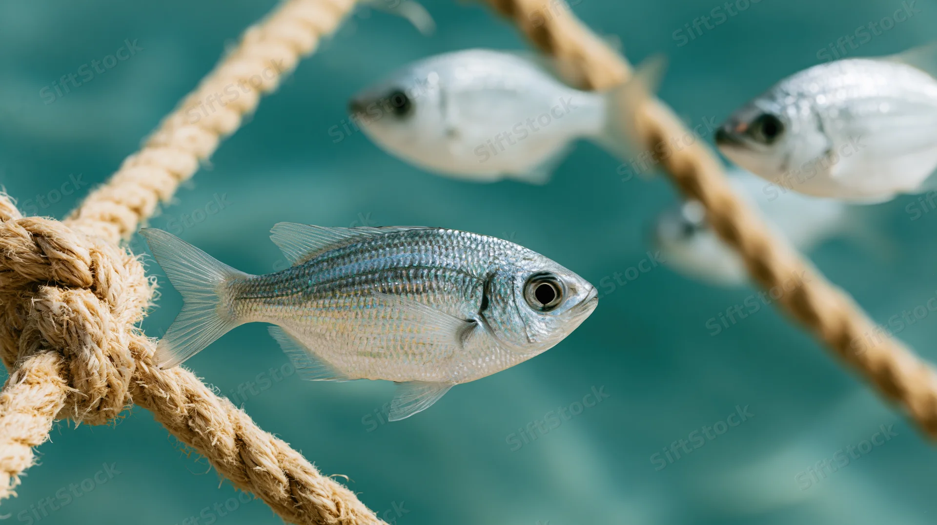 Small silver fish swimming near a knotted rope in clear blue water