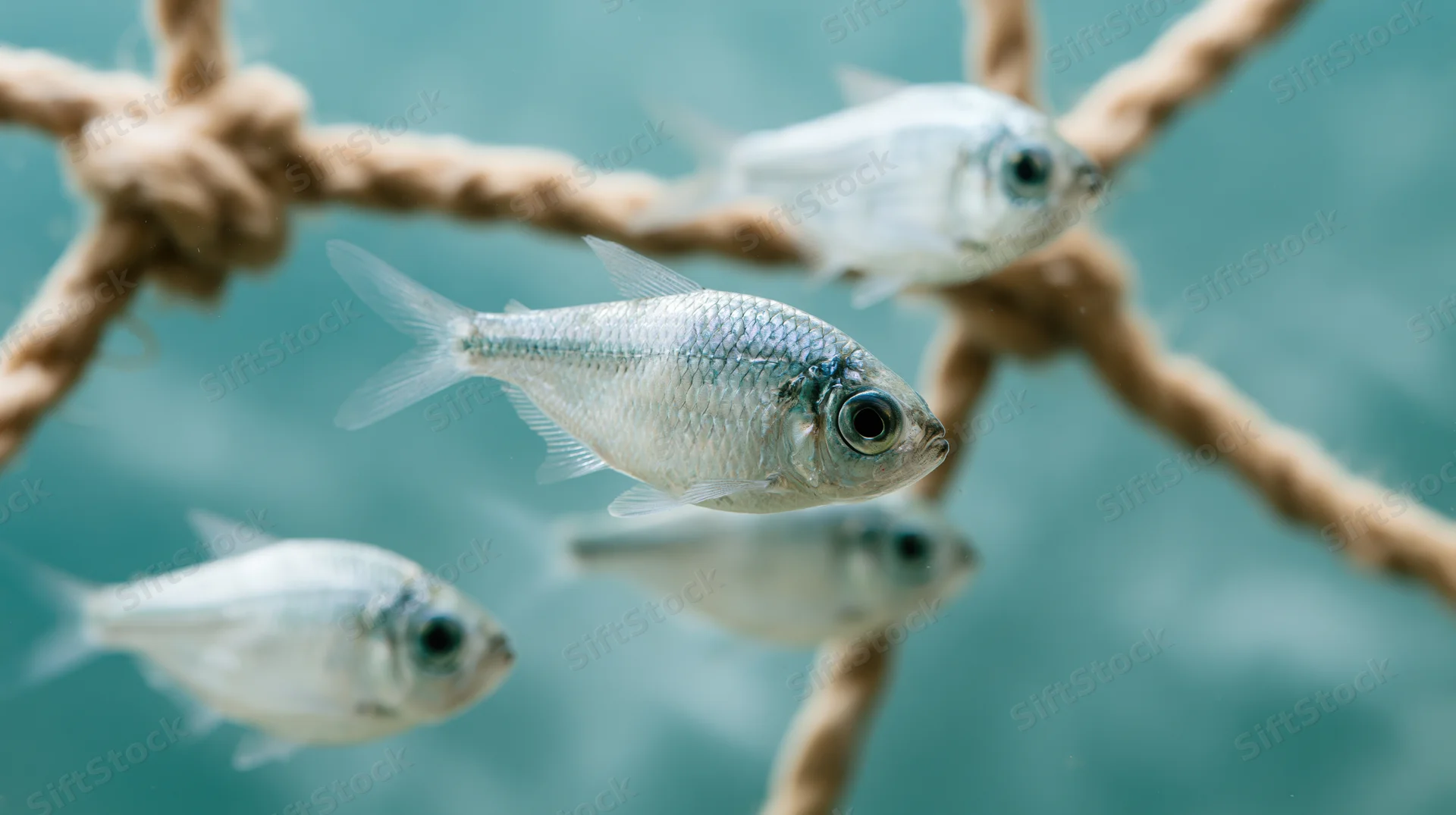 Small silver fish swimming near knotted rope in aquarium water