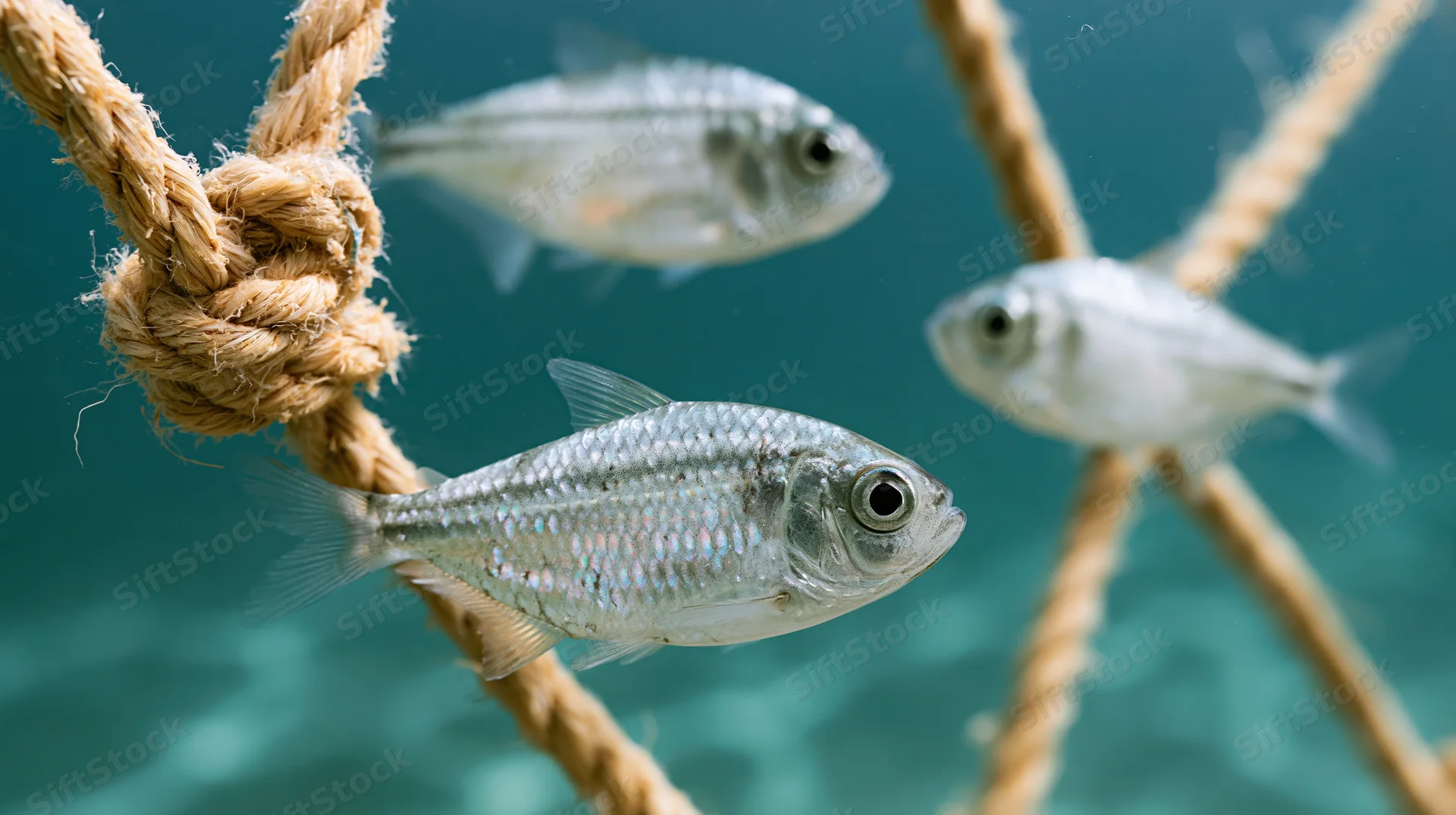 Small silver fish swimming near knotted rope underwater