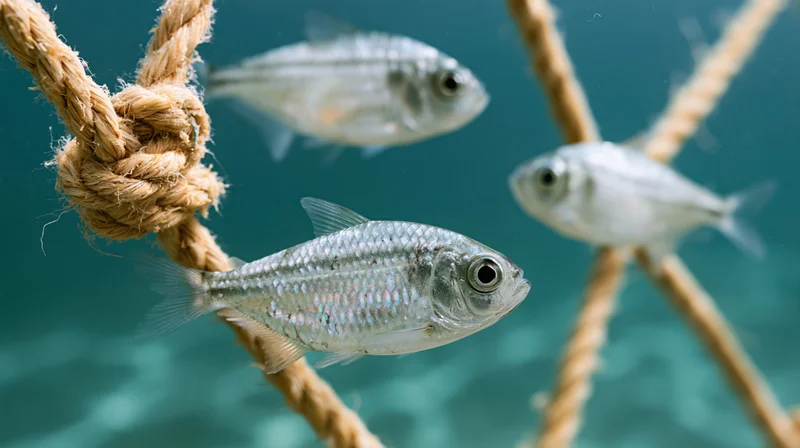 Small silver fish swimming near knotted rope underwater