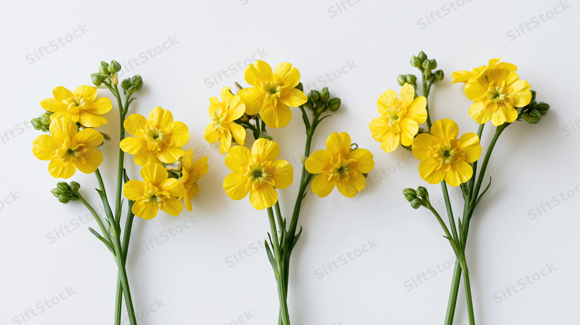 Three yellow buttercup stems arranged side by side on white background