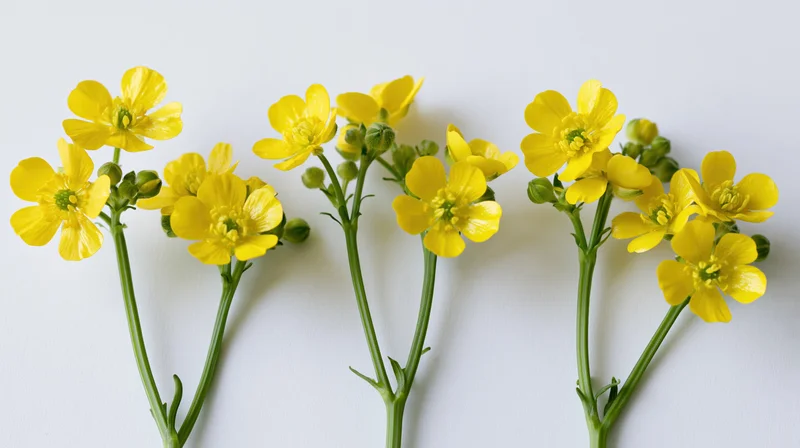 Three yellow buttercup stems arranged side by side on a white background