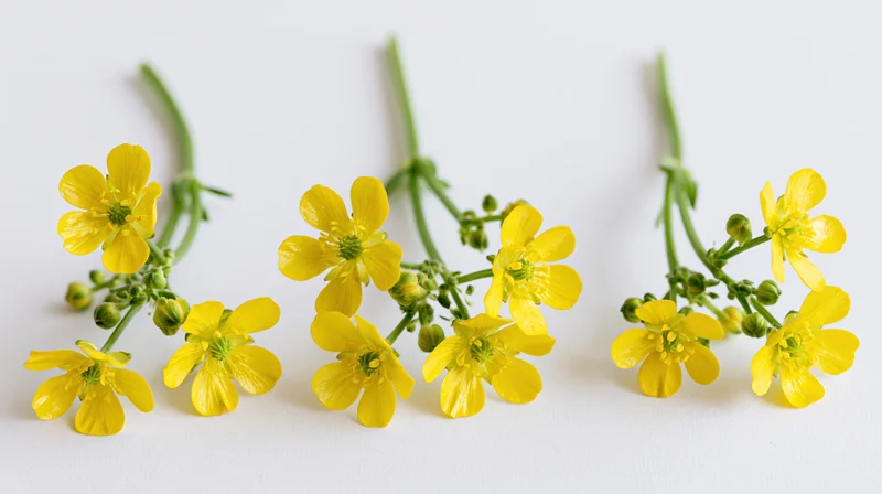 Three small yellow buttercup stems arranged side by side on a white surface