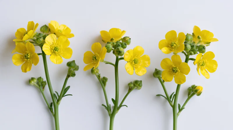 Three yellow buttercup stems arranged side by side on white background