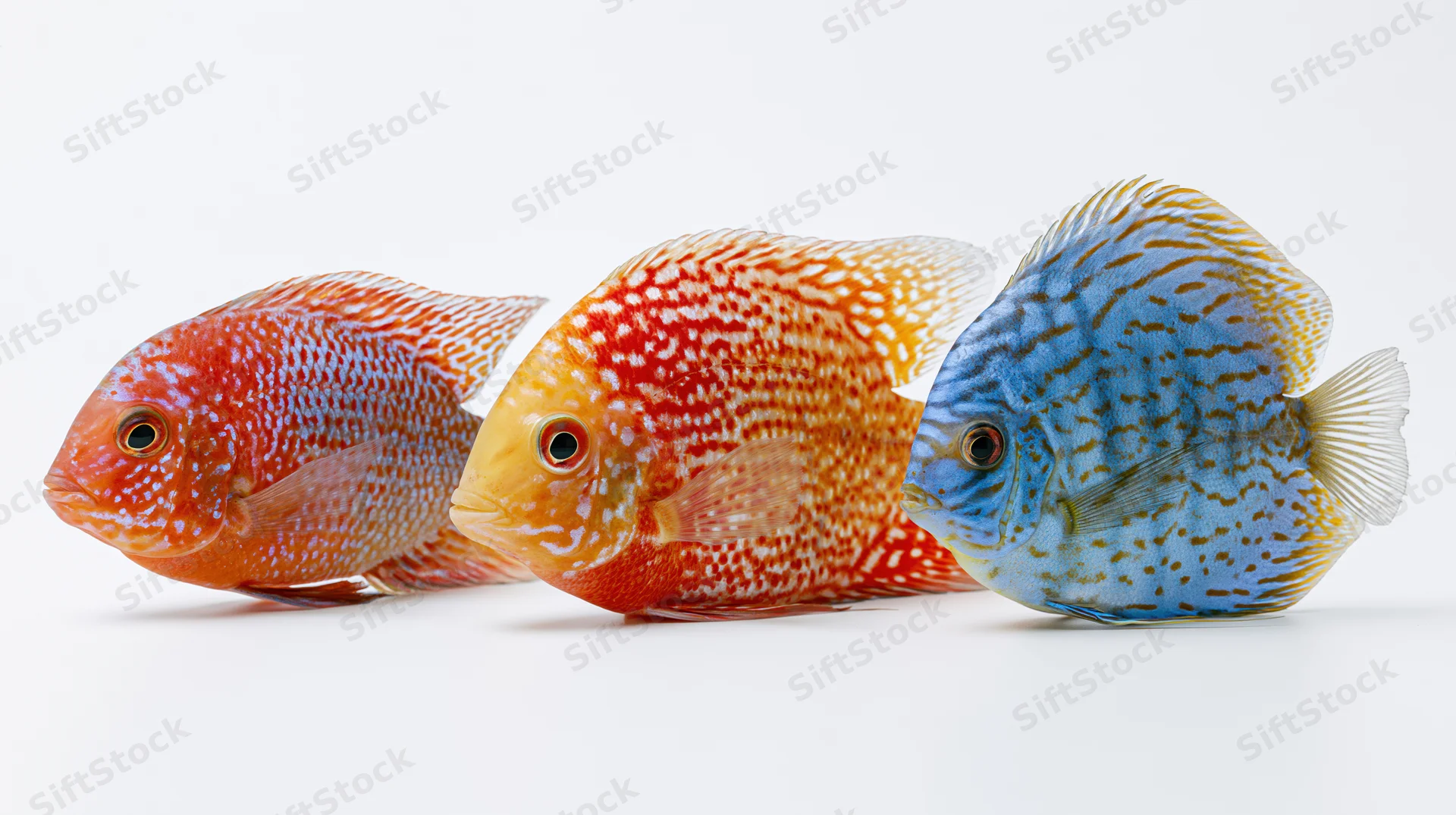Three discus fish in profile view isolated on white background