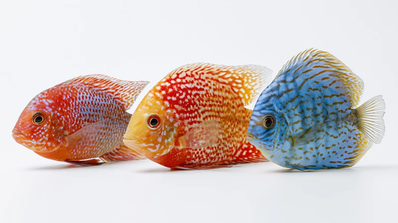 Three discus fish in profile view isolated on white background
