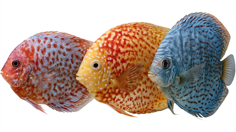 Three discus fish in profile view isolated on white background