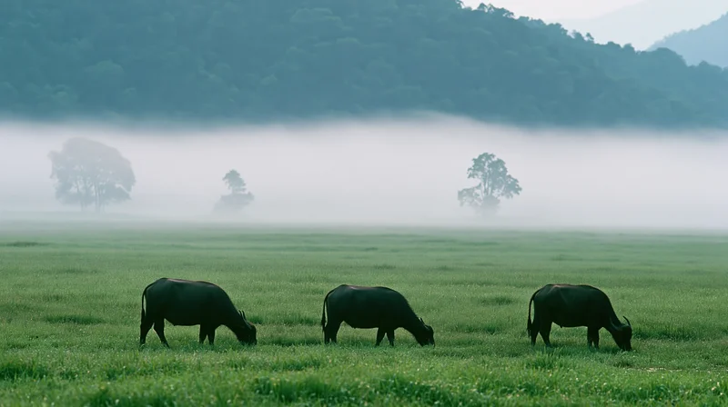 Three water buffalo grazing in a foggy green pasture at dawn