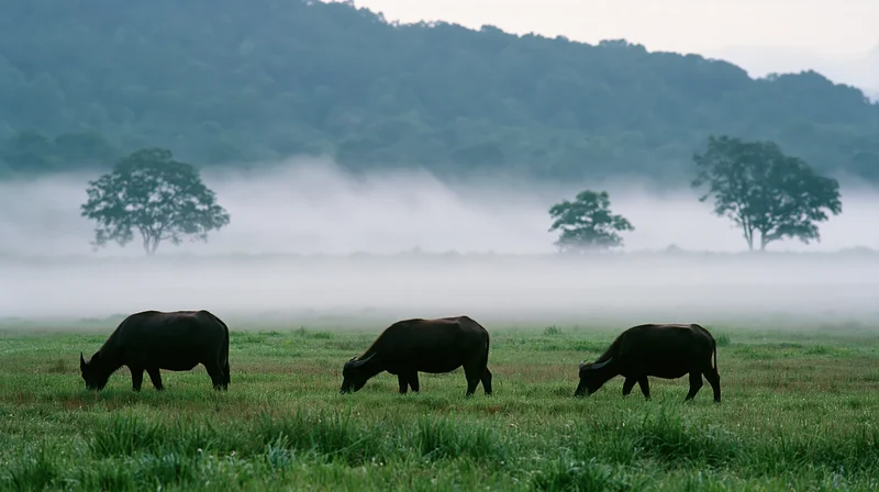 Three water buffalo grazing in a misty green pasture at dawn