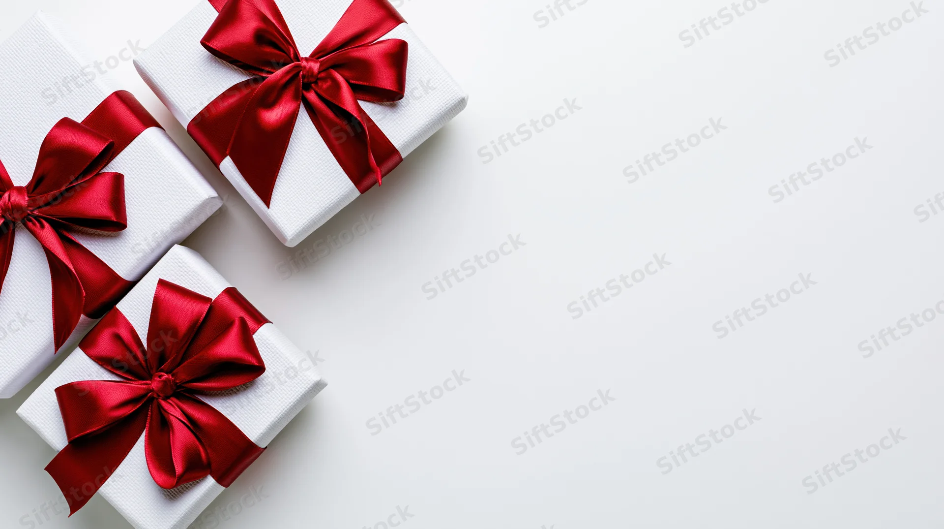 Three white gift boxes with red satin ribbon bows arranged on white surface with copyspace
