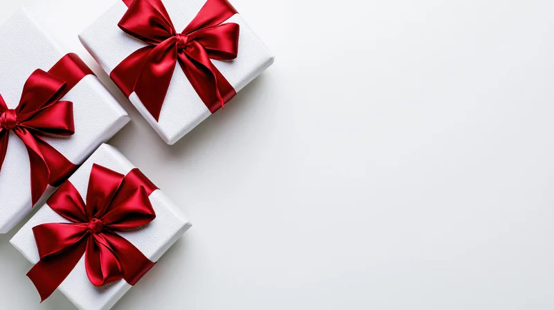 Three white gift boxes with red satin ribbon bows arranged on white surface with copyspace