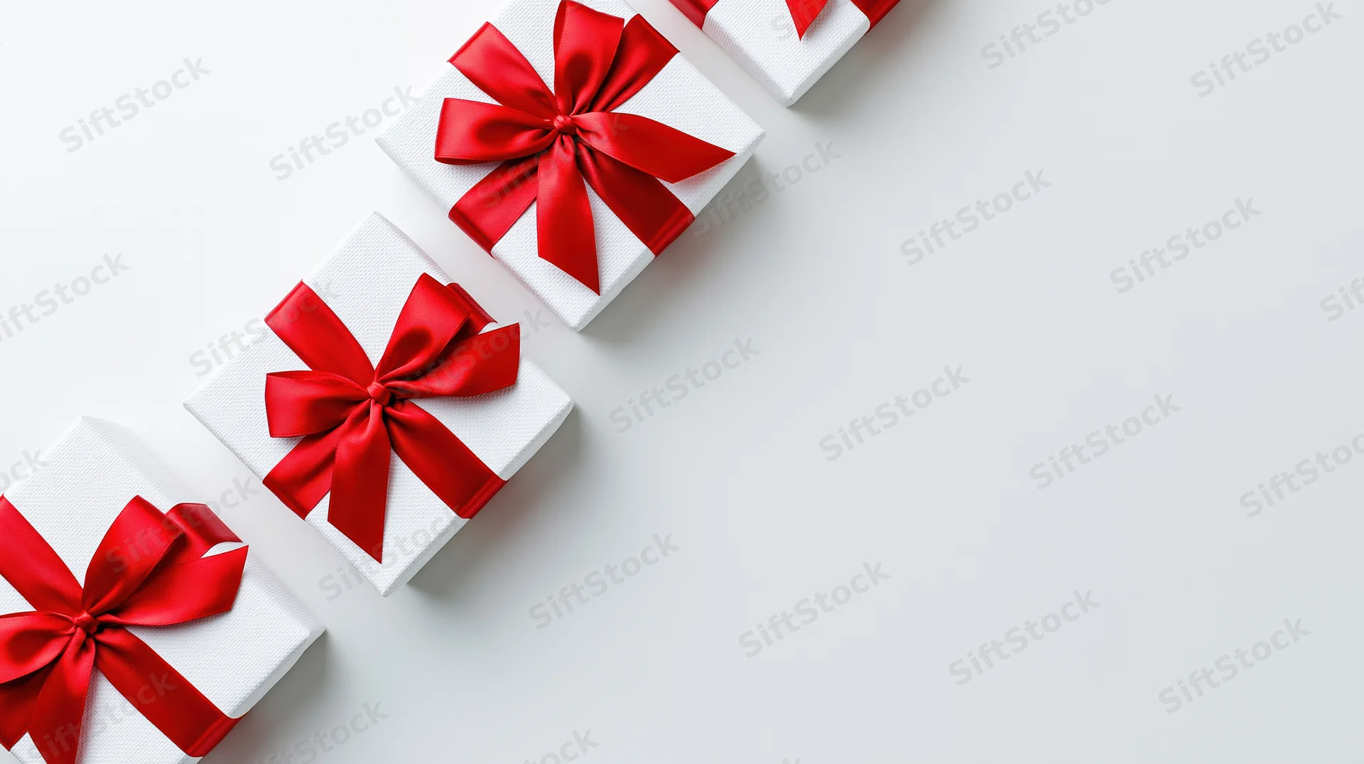 White gift boxes with red satin ribbon bows arranged diagonally on white surface