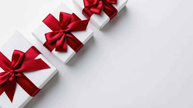 Three white gift boxes with red satin ribbon bows arranged diagonally on white surface