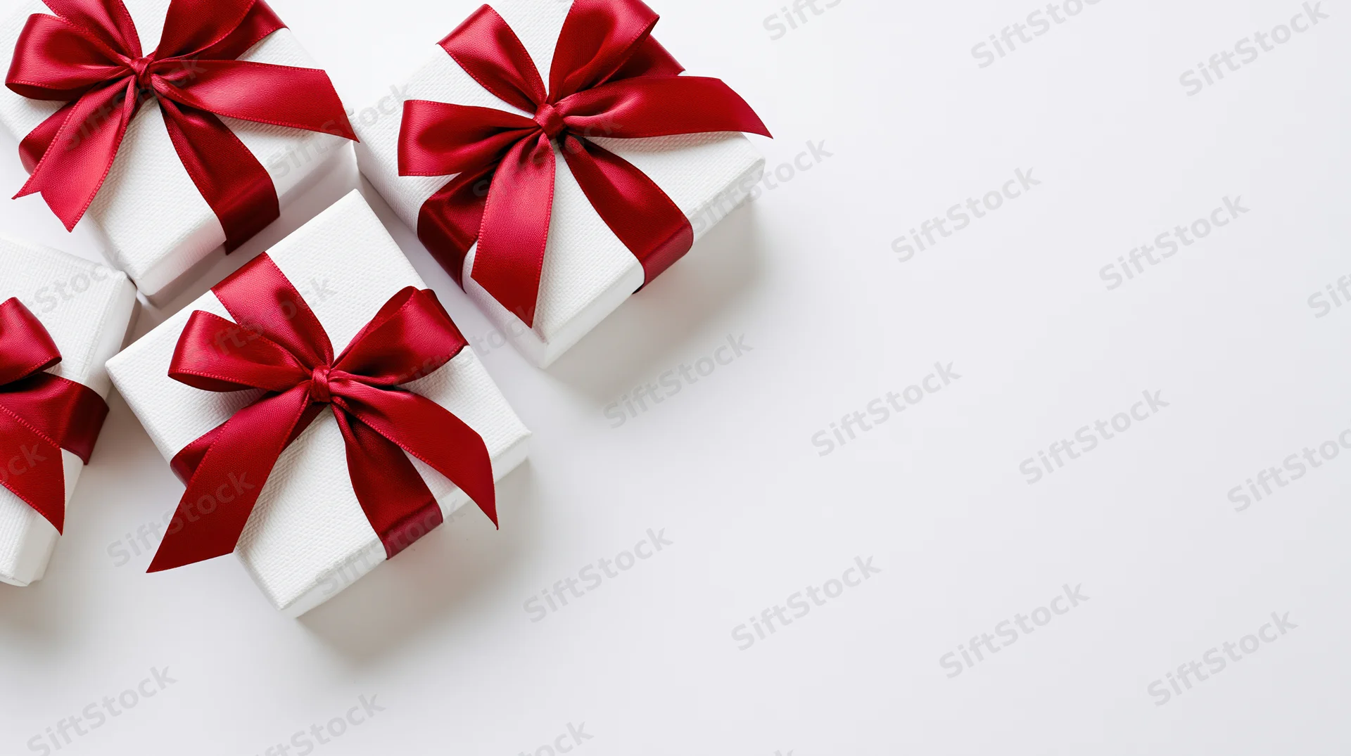 White gift boxes with red satin ribbon bows arranged on a plain white surface