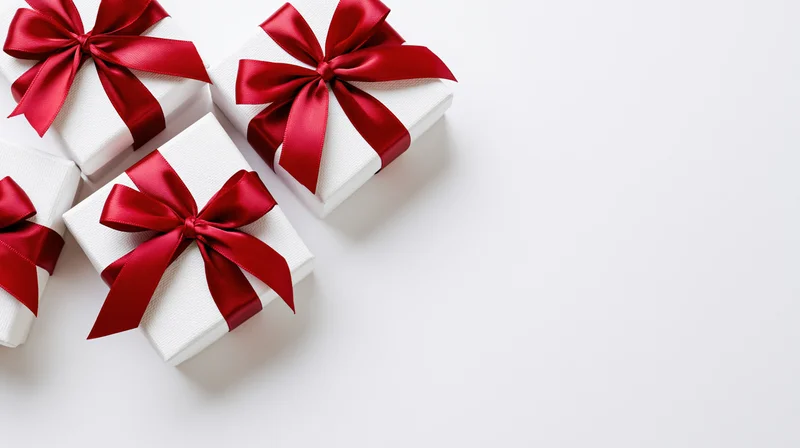 White gift boxes with red satin ribbon bows arranged on a plain white surface