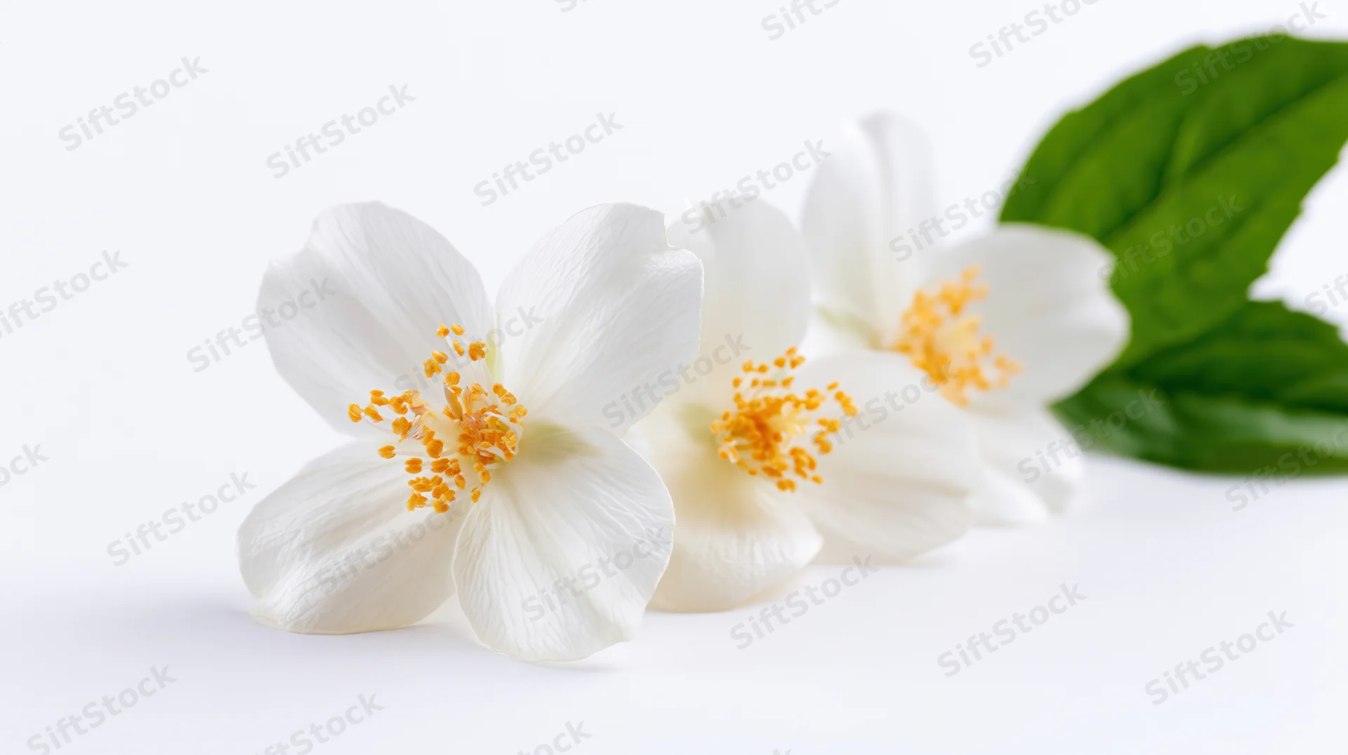Three white jasmine flowers with yellow stamens and green leaves arranged in a row on a white background