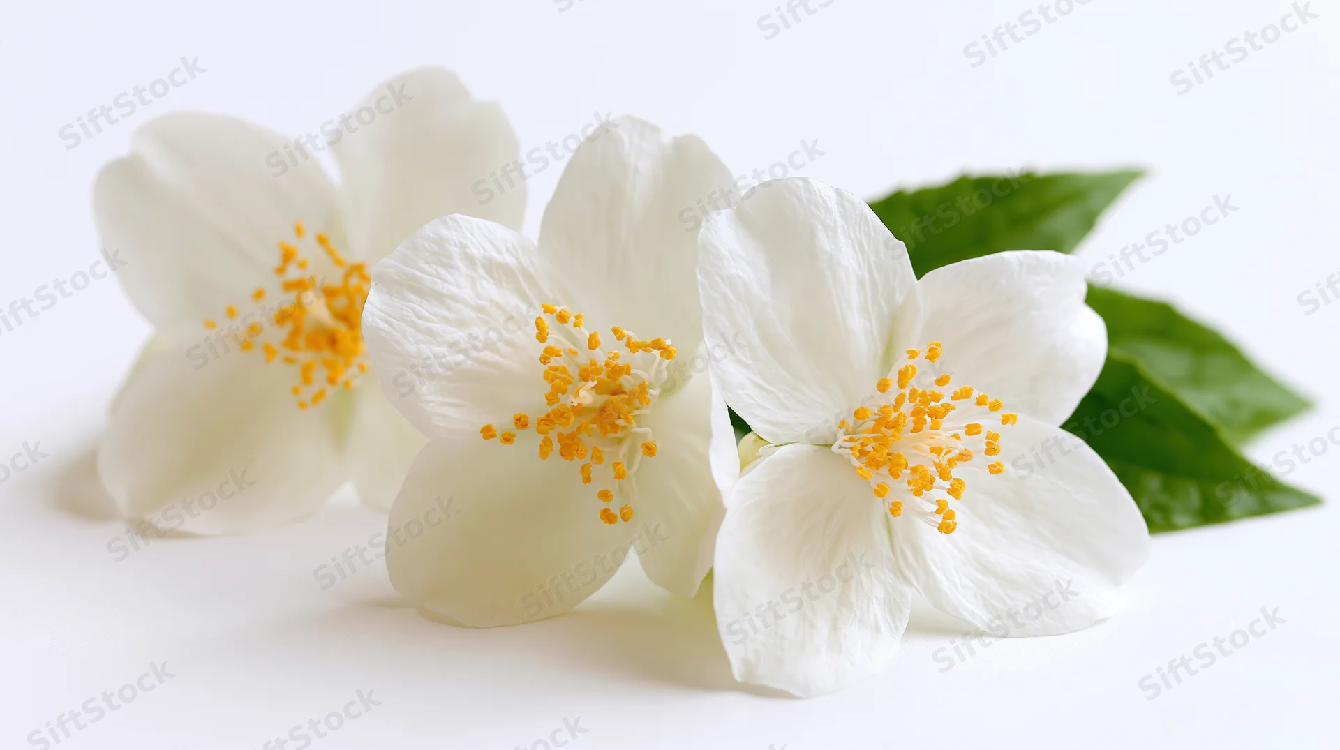 Three white jasmine flowers with yellow stamens and green leaves arranged in a row on a white background