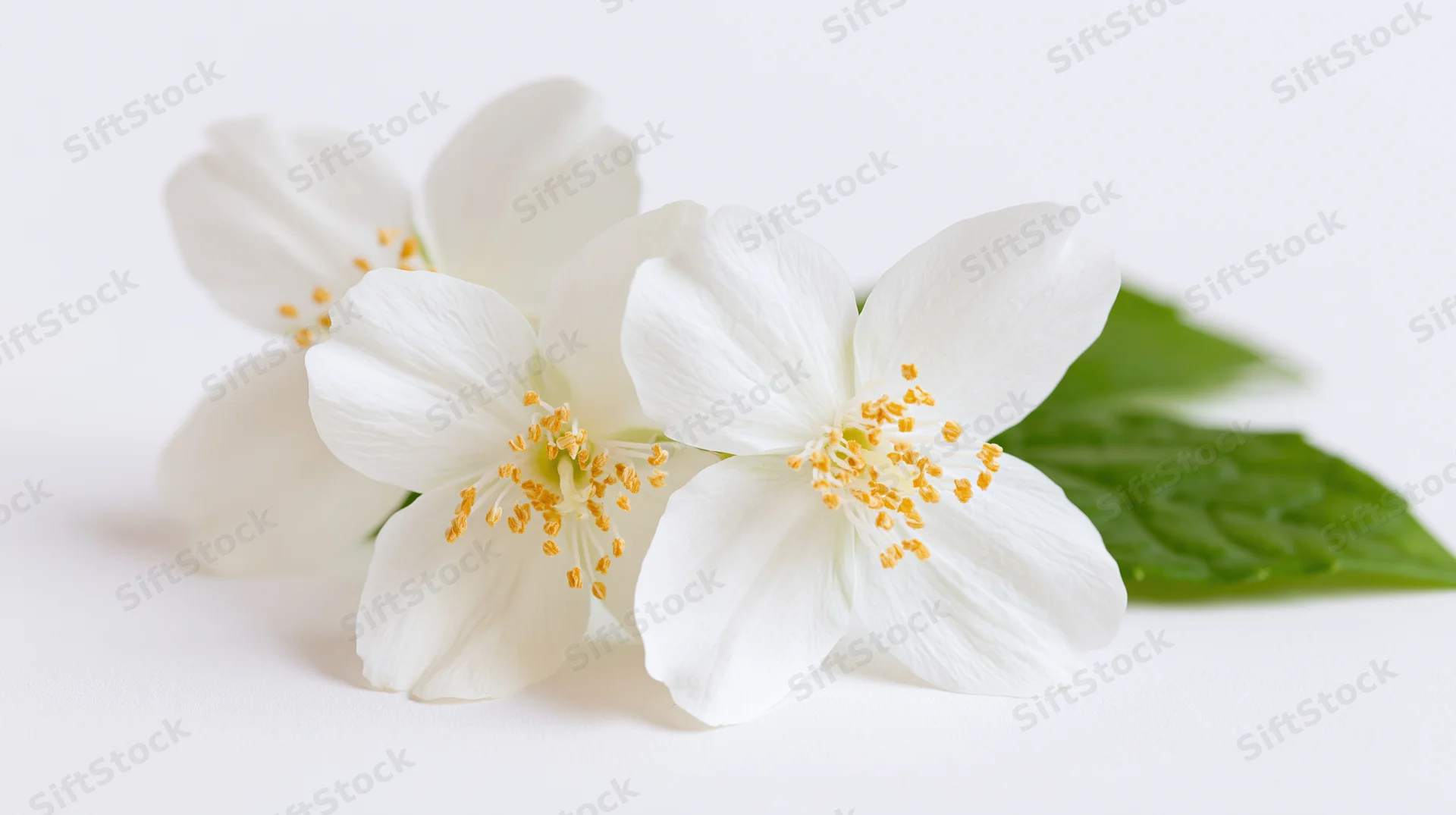 Three white jasmine flowers with yellow stamens and green leaves arranged on a white surface