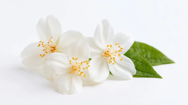 Three white jasmine flowers with yellow stamens and green leaves arranged on a white surface
