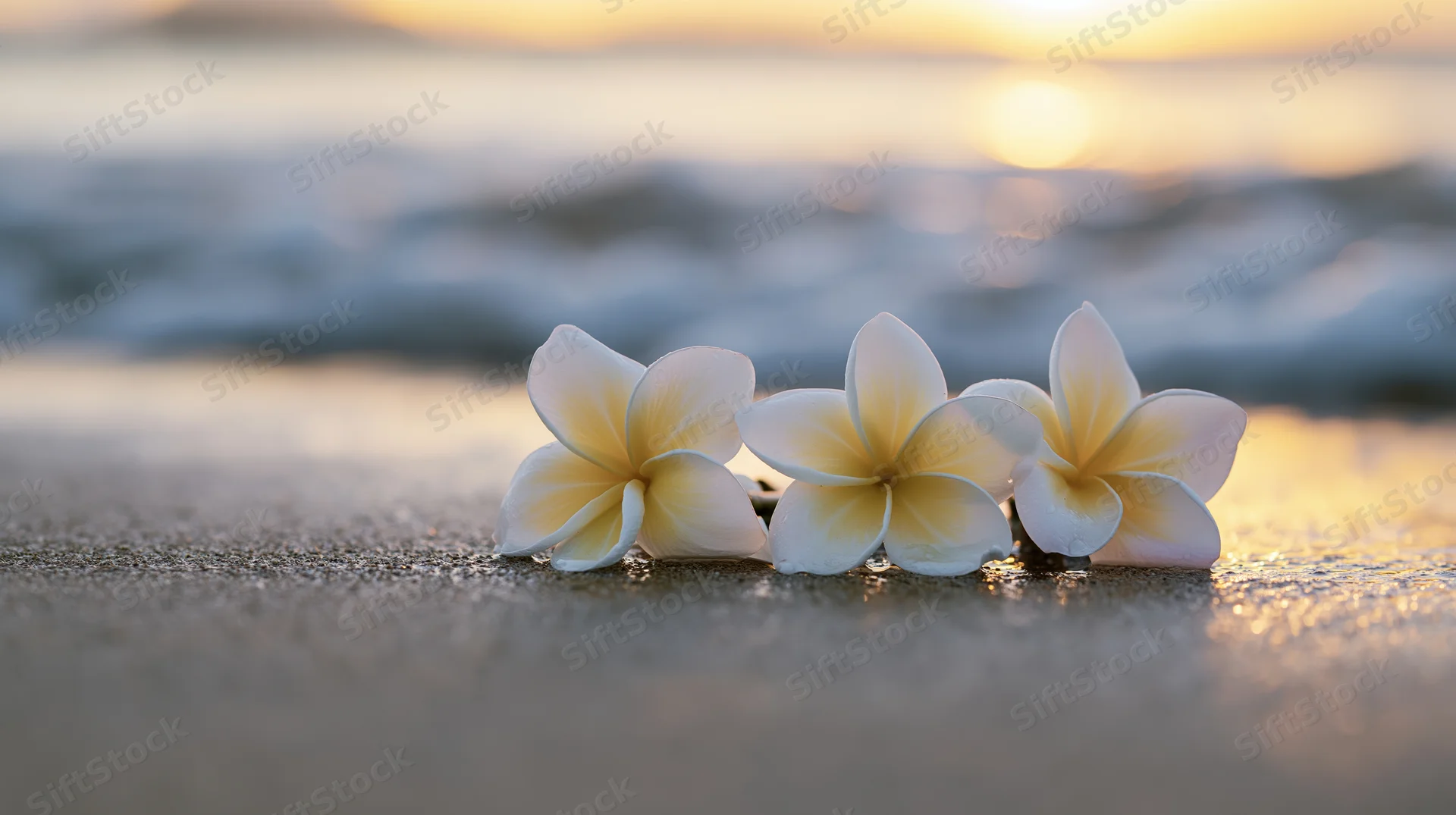 Three white plumeria flowers resting on wet sand at sunset by the ocean
