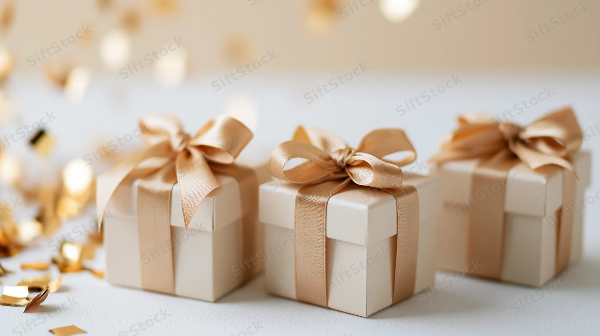 Three gift boxes with gold satin ribbon bows arranged on a white surface with scattered confetti and bokeh lights in the background