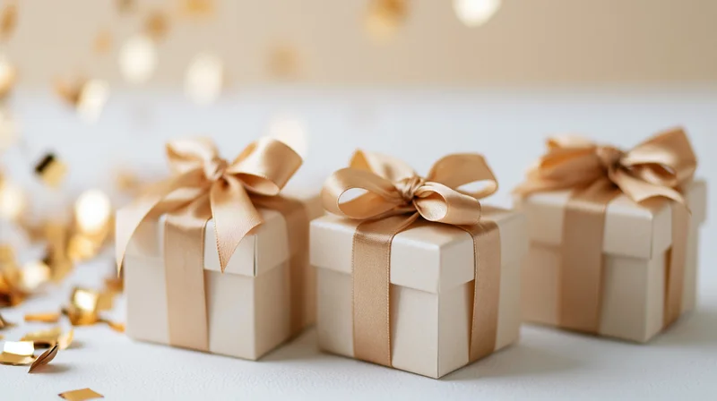 Three gift boxes with gold satin ribbon bows arranged on a white surface with scattered confetti and bokeh lights in the background
