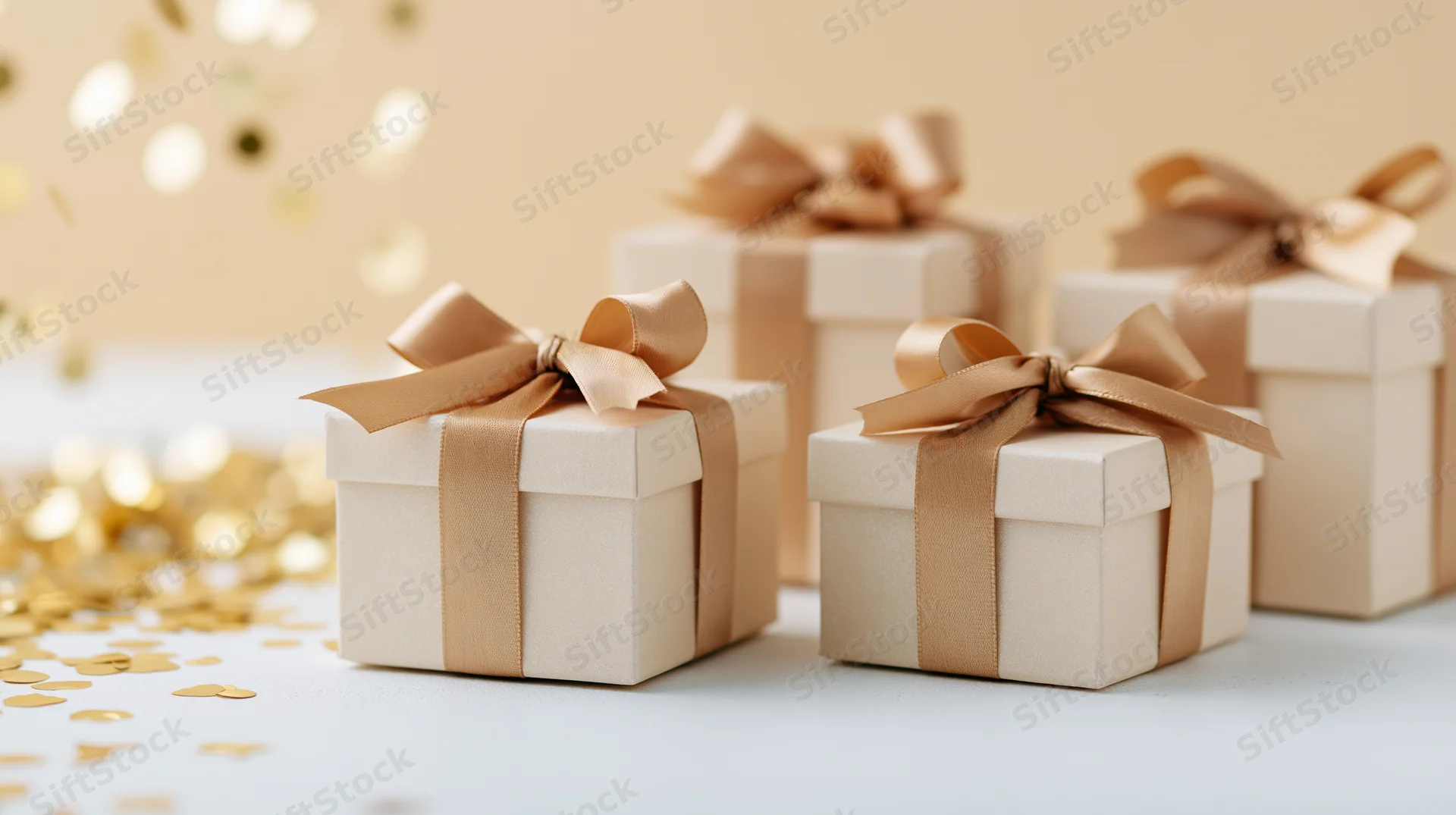 Gift boxes with gold satin ribbon bows arranged on a surface with scattered confetti