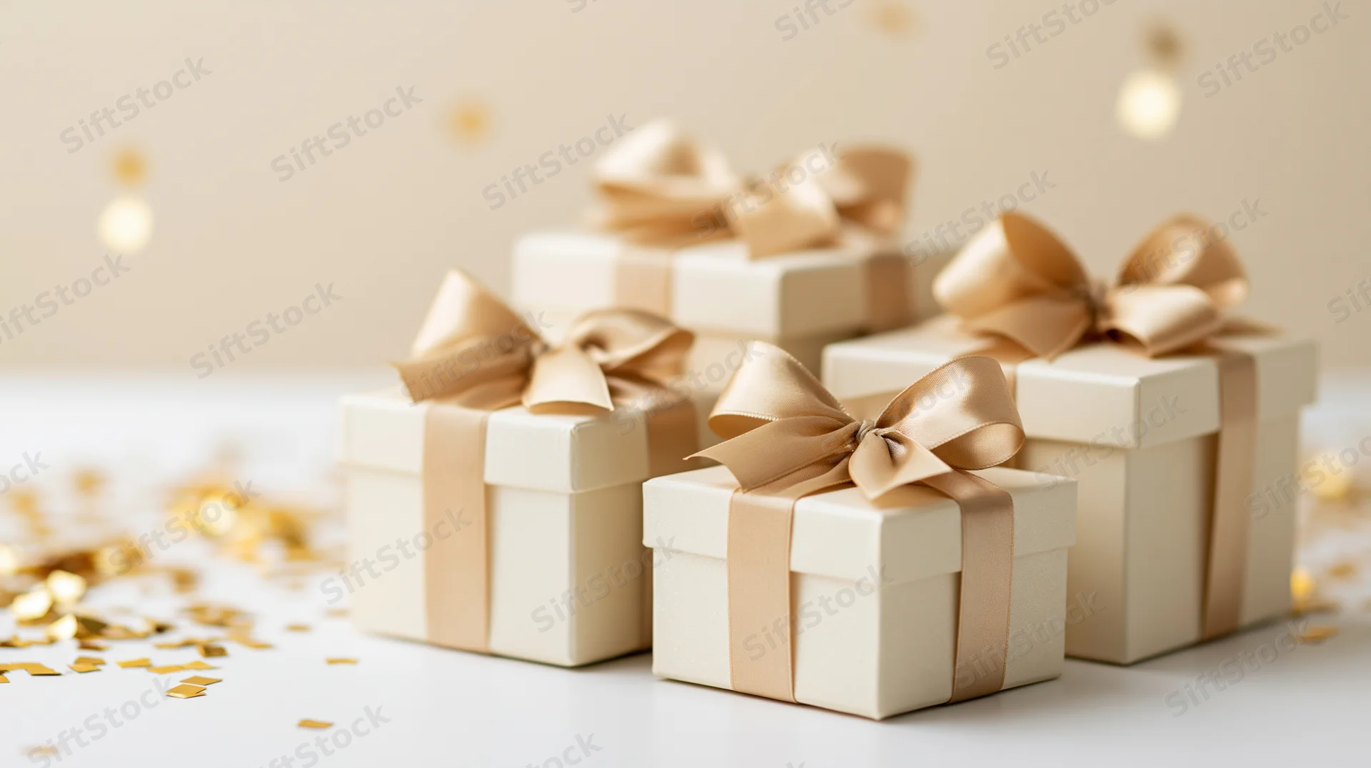 Gift boxes with gold satin ribbon bows arranged on a white surface with scattered confetti and soft bokeh lights in the background