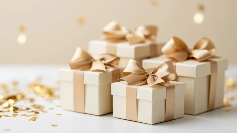Gift boxes with gold satin ribbon bows arranged on a white surface with scattered confetti and soft bokeh lights in the background