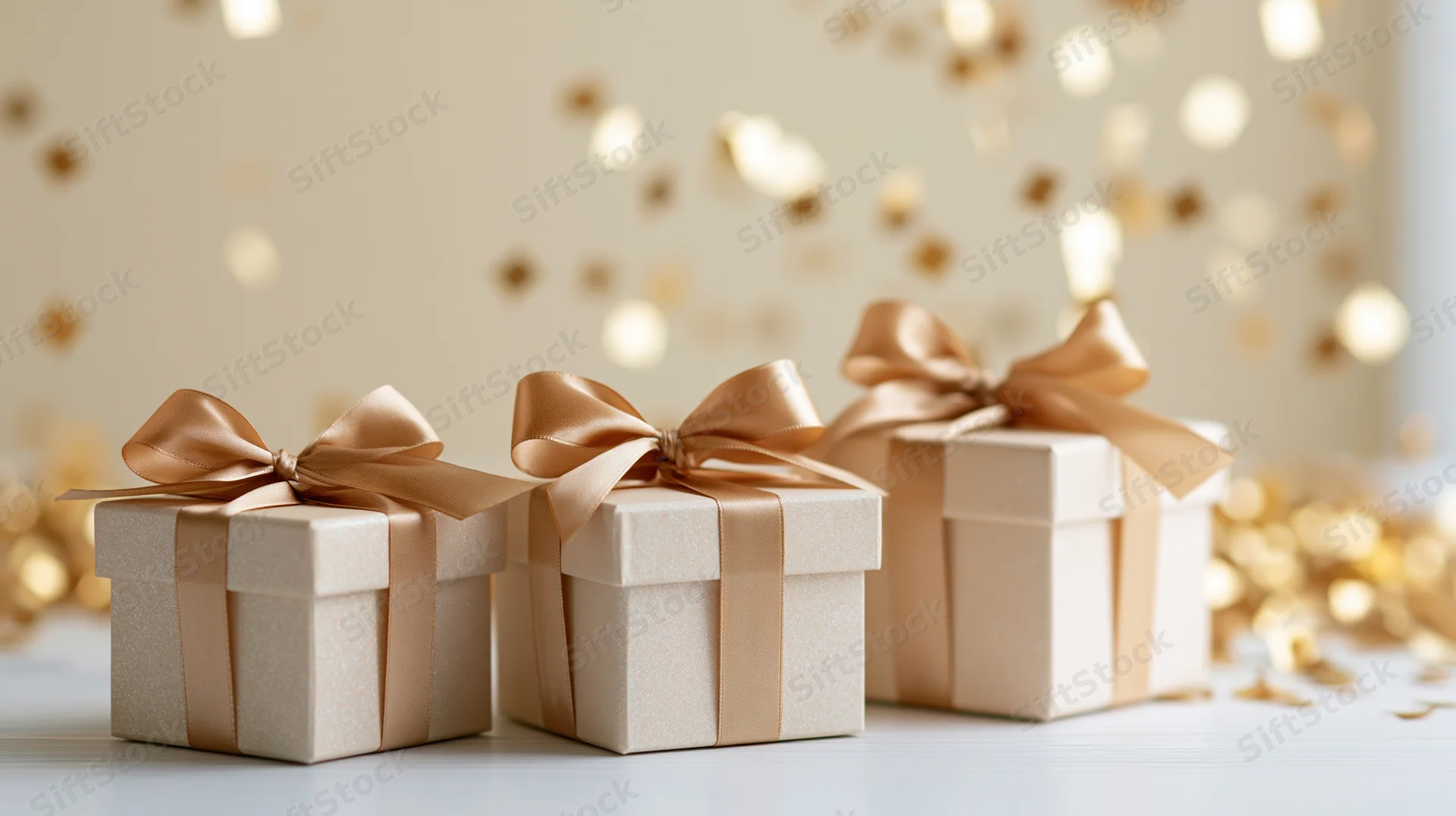 Three gift boxes with gold satin ribbon bows arranged on a white surface with bokeh lights in the background