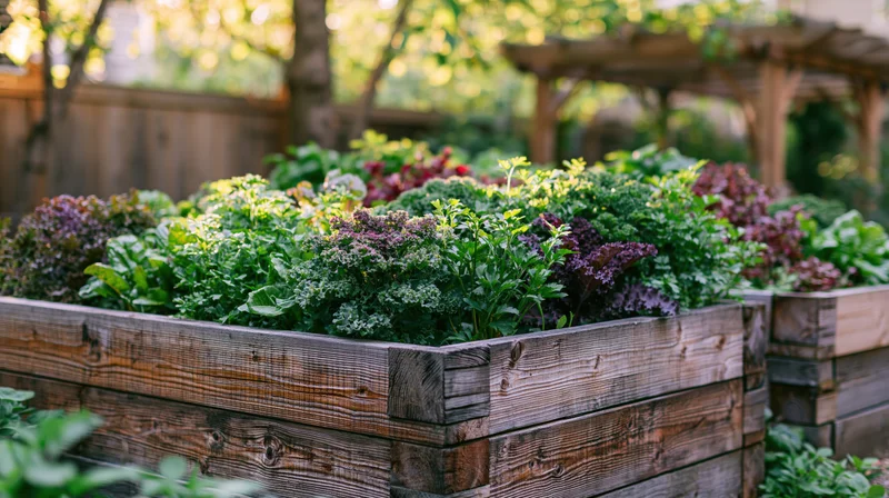 Tiered wooden raised garden beds filled with leafy greens and kale in a backyard garden