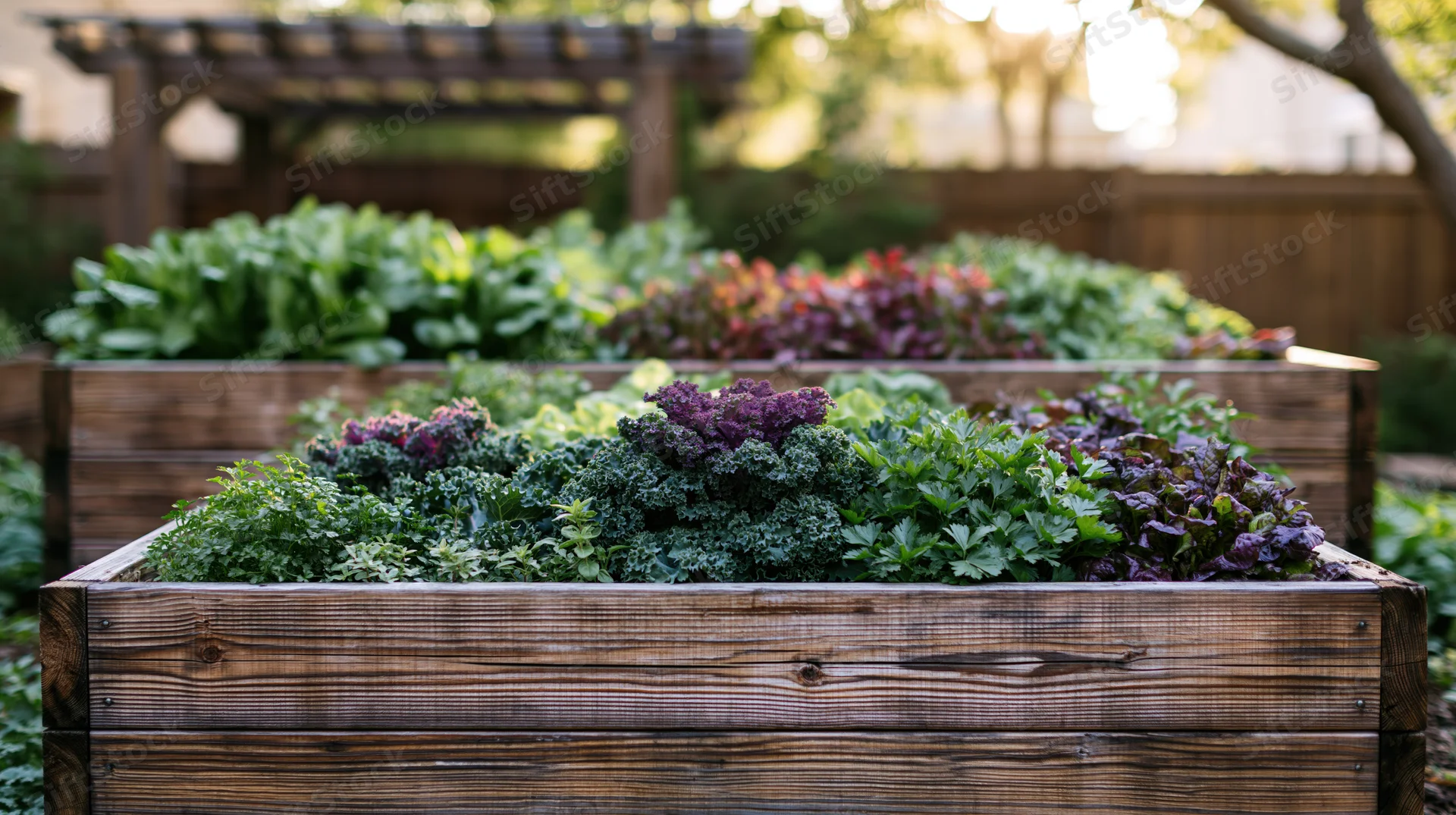 Tiered wooden raised garden beds filled with leafy greens in a backyard garden