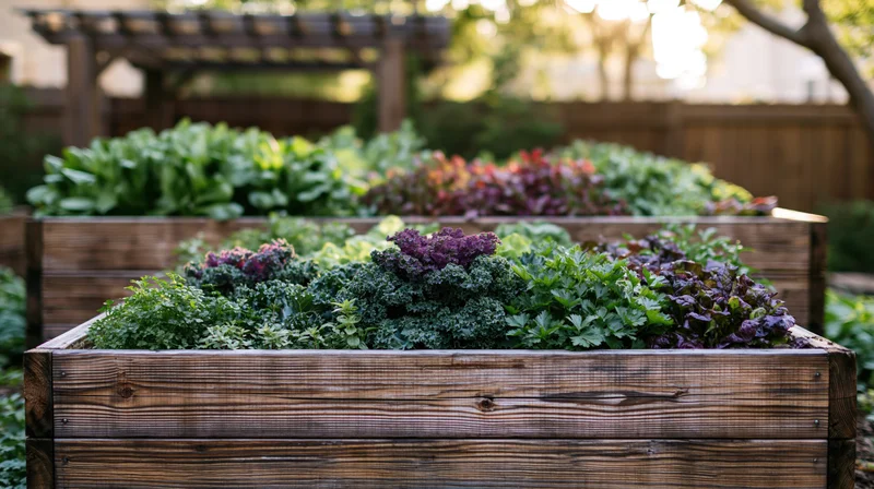 Tiered wooden raised garden beds filled with leafy greens in a backyard garden