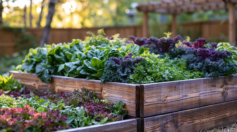 Tiered wooden raised garden beds filled with leafy greens and kale in a backyard garden