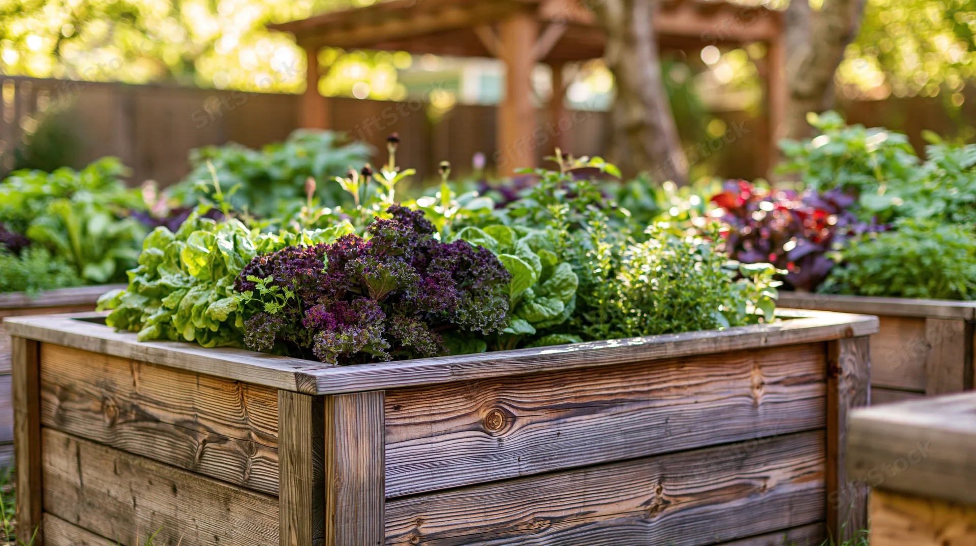 Wooden raised garden bed filled with leafy greens in a backyard garden