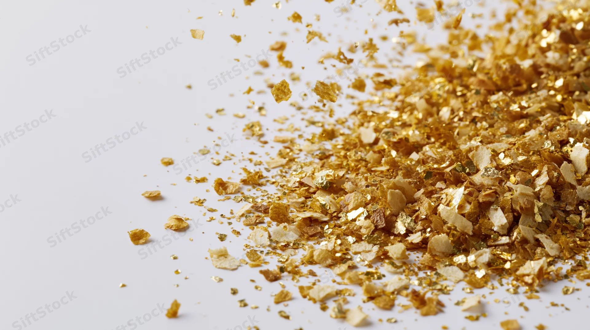 Scattered gold confetti and metallic flakes on white surface