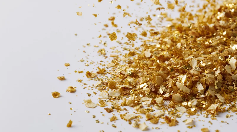 Scattered gold confetti and metallic flakes on white surface