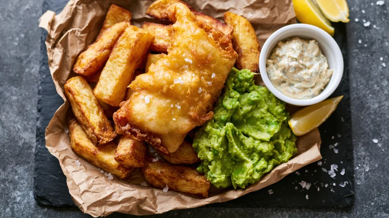 Golden battered fish and thick-cut chips served on crumpled brown paper with tartar sauce, guacamole, and lemon wedges on a dark slate tray