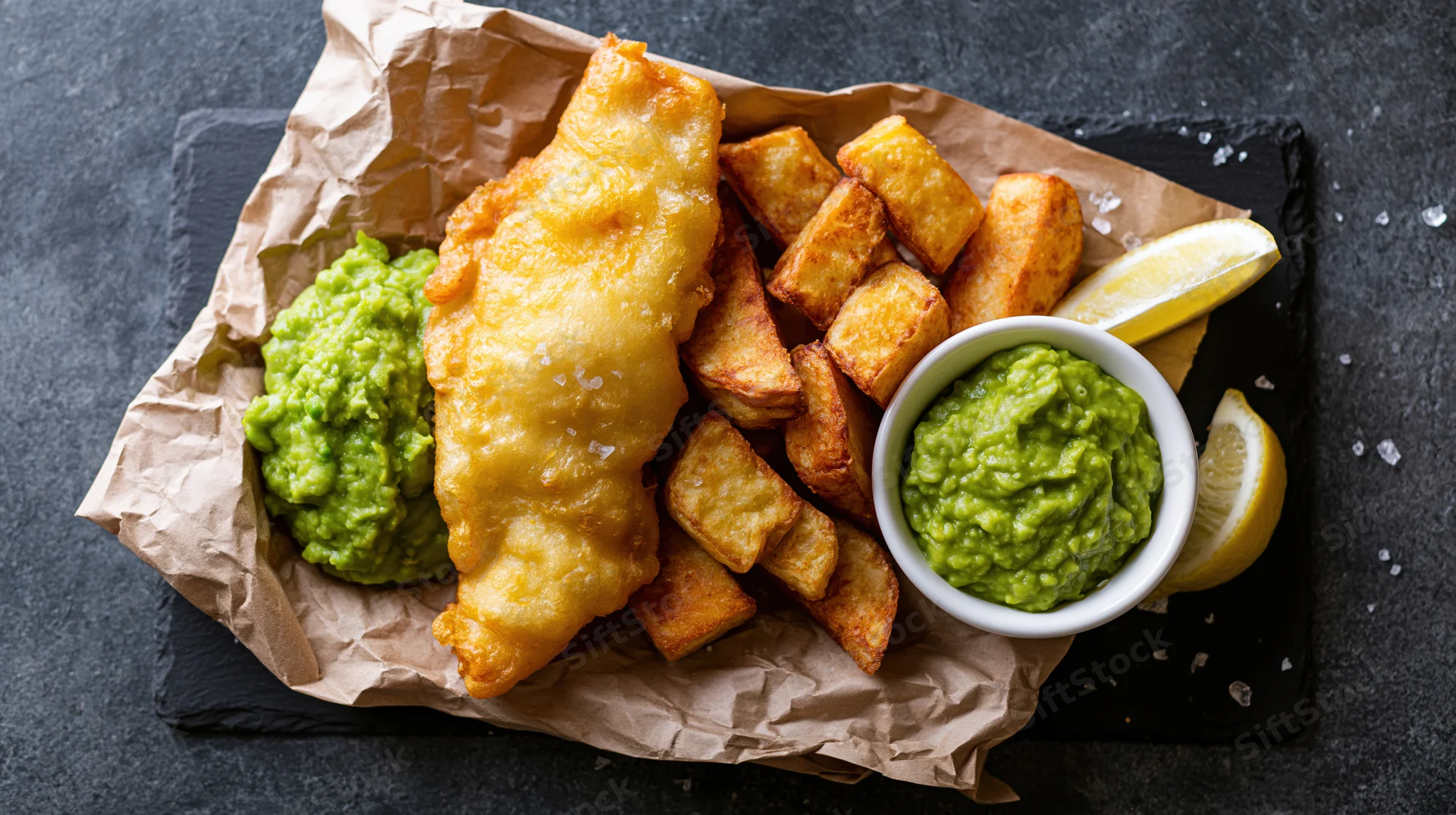 Golden battered fish and crispy potato wedges with mushy peas and lemon on crumpled paper over slate plate