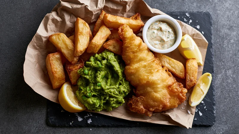 Fish and chips with tartar sauce and lemon on crumpled paper over slate board