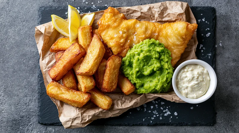 Fish and chips with mushy peas and tartar sauce on crumpled paper over slate plate