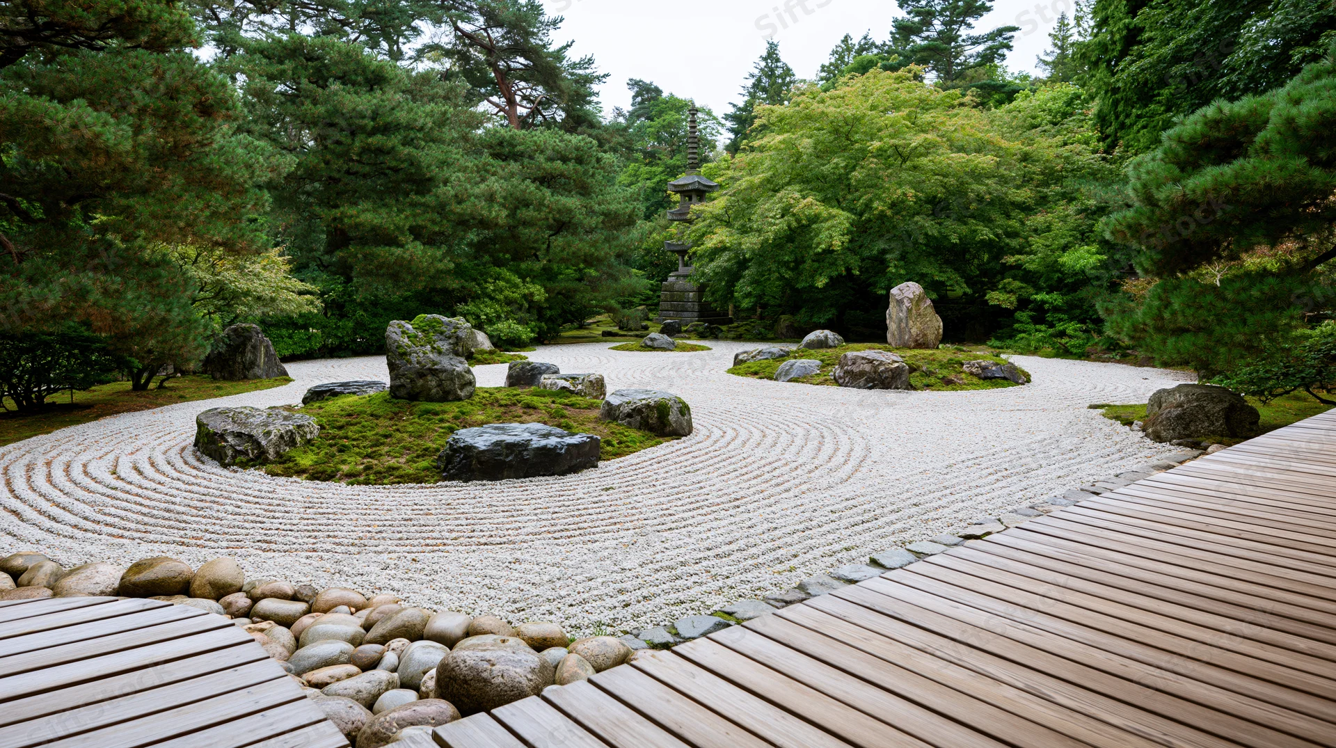 Traditional japanese zen garden with raked white gravel and moss-covered rocks surrounded by pine trees and a wooden pathway