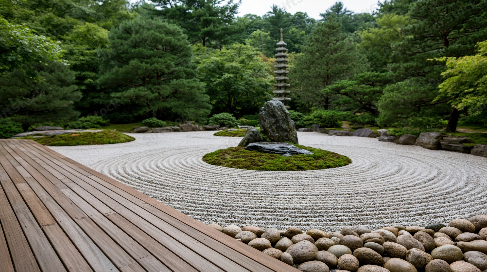 Traditional japanese zen garden with raked white gravel and stone arrangement surrounded by trees and a wooden pathway