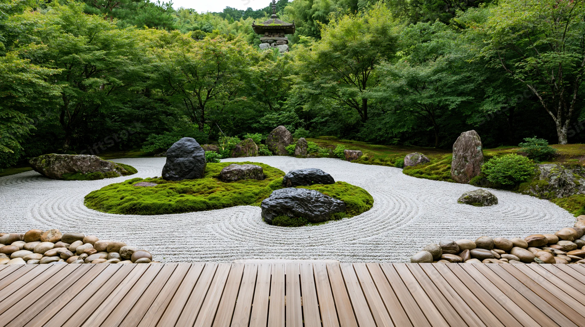 Traditional japanese zen garden with raked white gravel and moss-covered rocks surrounded by forest